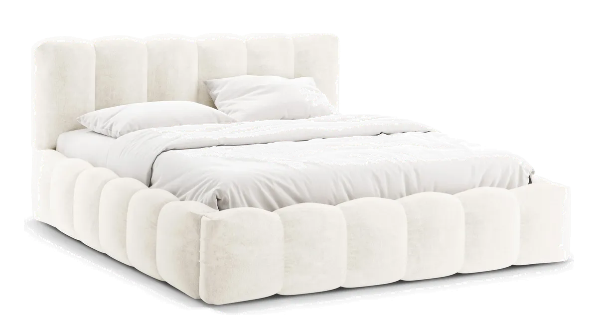 Sengeramme Micadoni Lupine polstret lys beige chenille med opbevaring og gasløft fra Likehome.dk, lys beige
