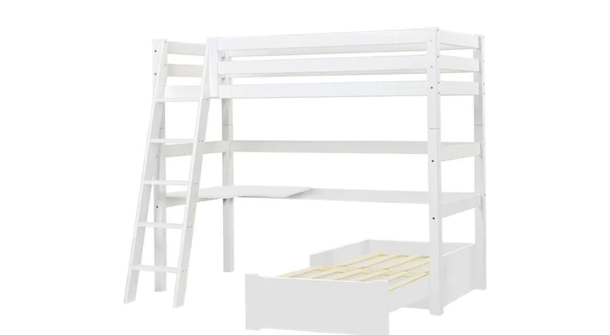 Hoppekids ECO Luxury MEGA Seng m. Lounge Modul og Bordplade Skrå Stige fra Mammashop, hvid