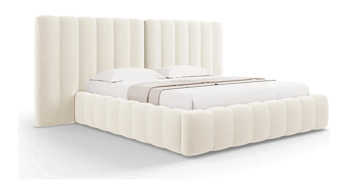 Sengeramme Micadoni Kelp velour lys beige med opbevaring, gasløft og polstret hovedgærde fra Likehome.dk, lys beige