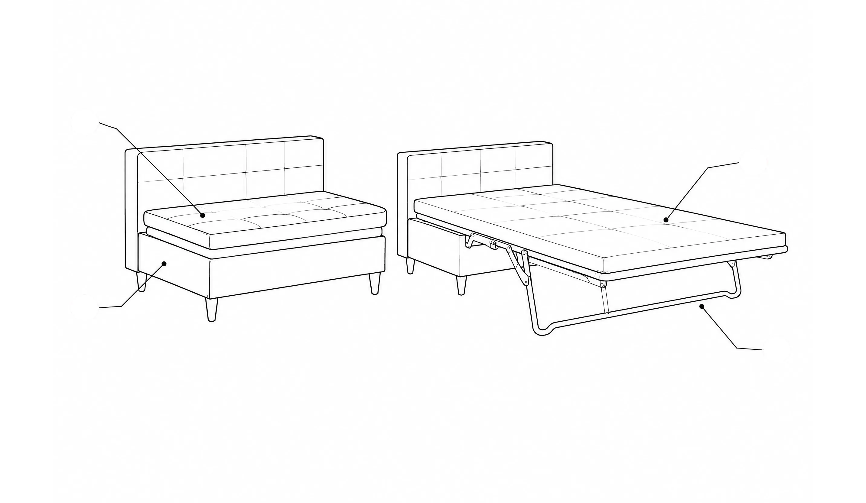 Stregtegning af en sovesofa set fra siden, først som sofa og derefter slået ud som seng, med stel og bund, sæde og ryg, madras og mekanisme nummereret 1 til 4.